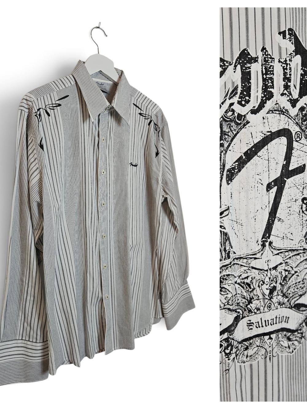Fender Custom Shop Shirt Mens L Music Is My Salvation Y2K Rocker Western Striped
